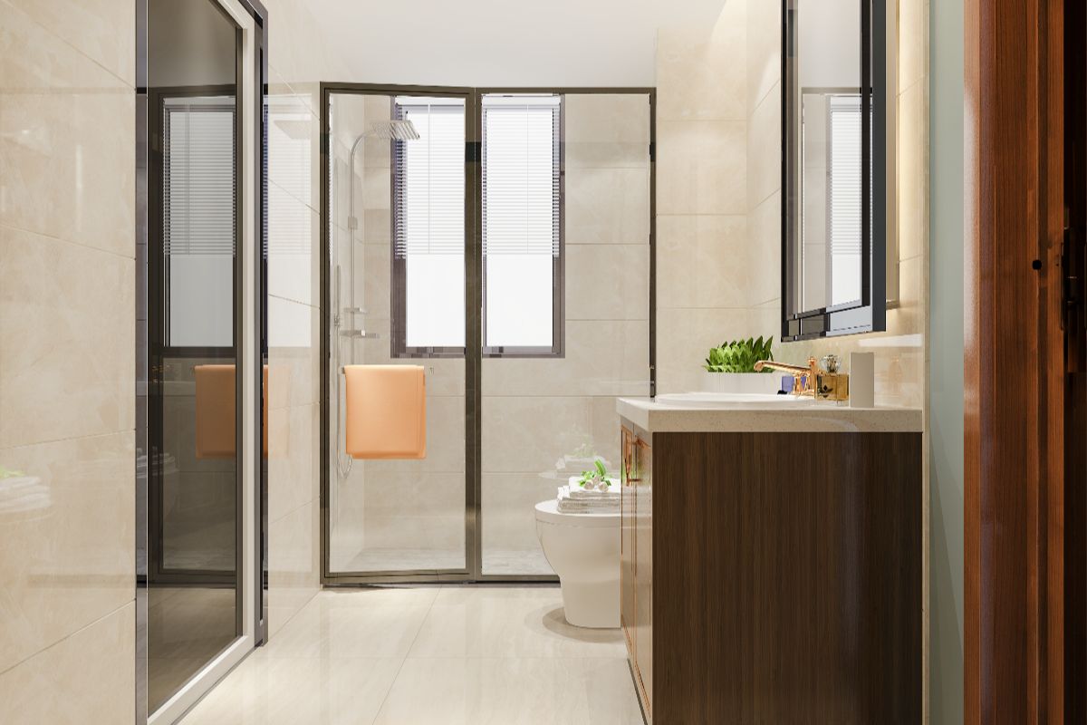 black sliding door in a bathroom helping improve hygiene