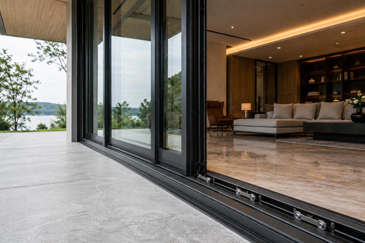 Close-up of a reinforced aluminum sliding door track with visible rollers in a luxury modern home