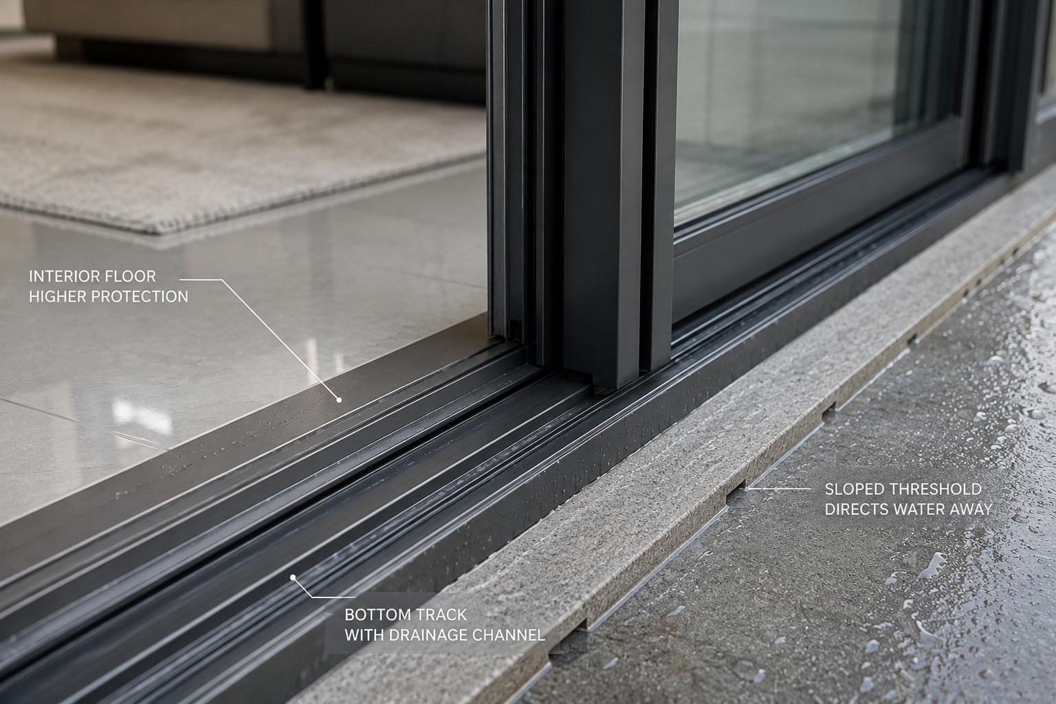Aluminum sliding door threshold with drainage channel and sloped sill directing water away from the interior