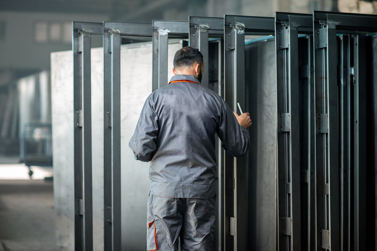 Factory worker inspecting rows of black metal door frames during production